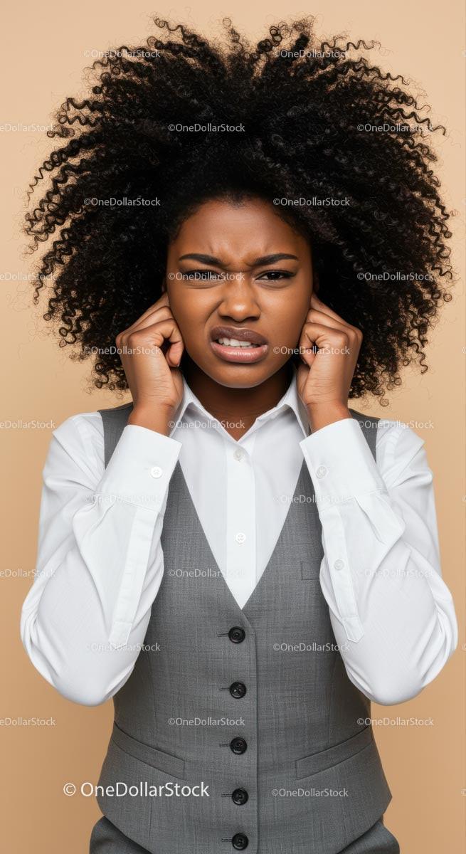 Frustrated Woman Covers Ears Against Noise in Business Attire Stock Photo Bundle preview 34