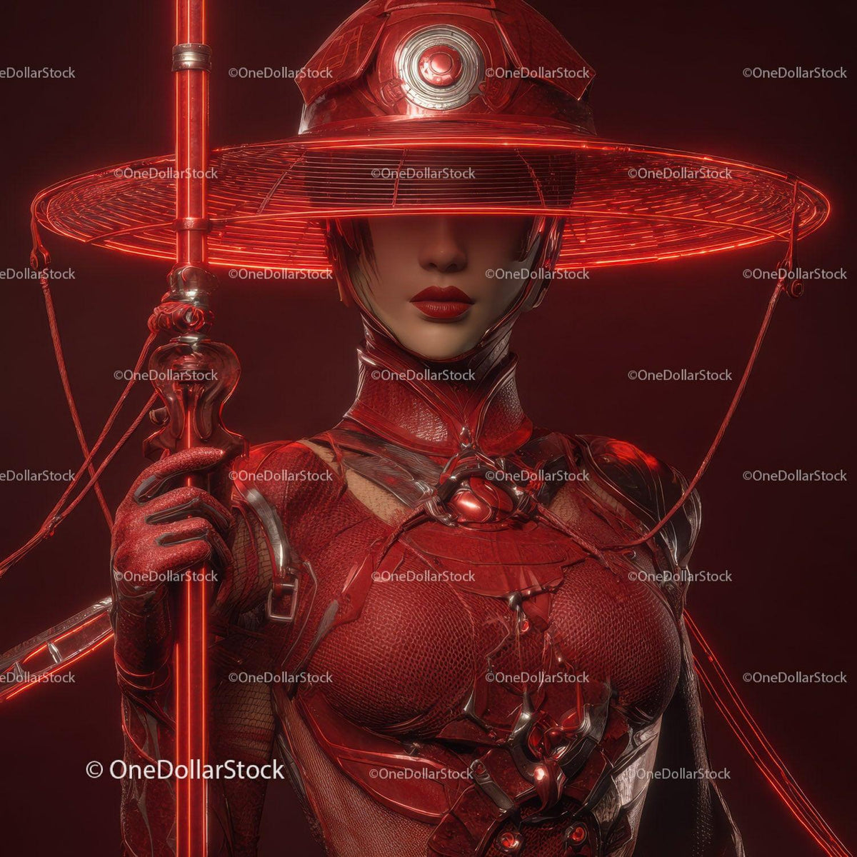 Futuristic Samurai in Neon Red Armor Holding Umbrella Stock Photo Bundle preview 21
