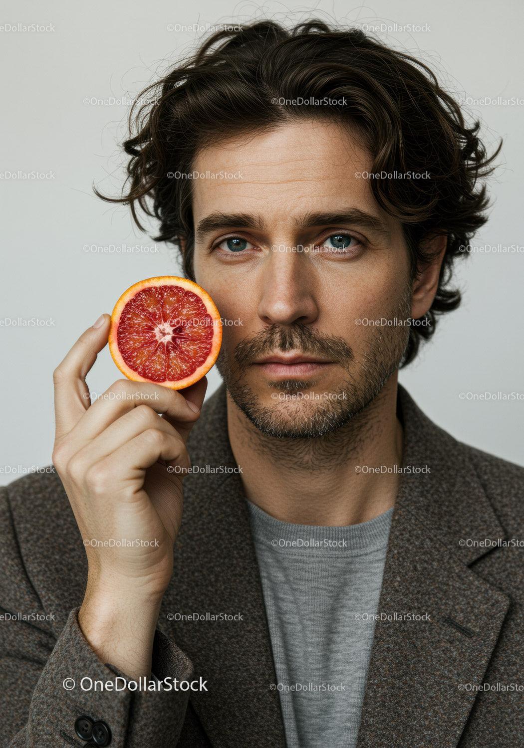 Close-up of Man with Blue Eyes Holding Red Grapefruit