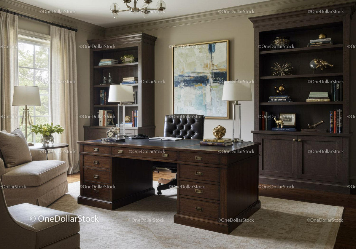 Elegant home office with classic wooden desk and bookshelves
