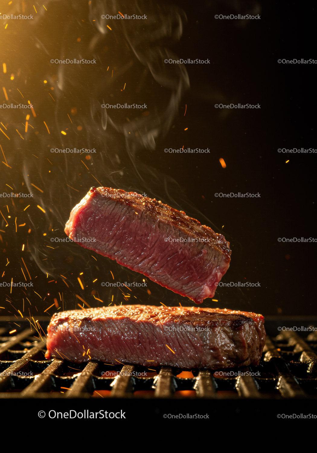 Tender steak grilling with glowing sparks and smoke