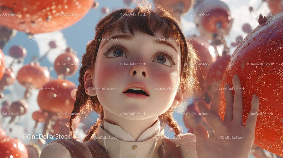 Young girl with braids touching large orange pumpkin surrounded by floating pumpkins in the sky