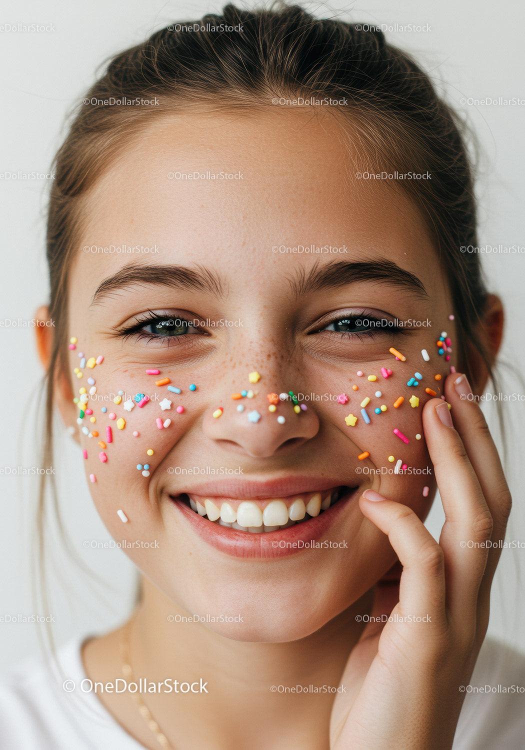 Joyful Girl with Face Decorated with Colorful Sprinkles in Close-Up