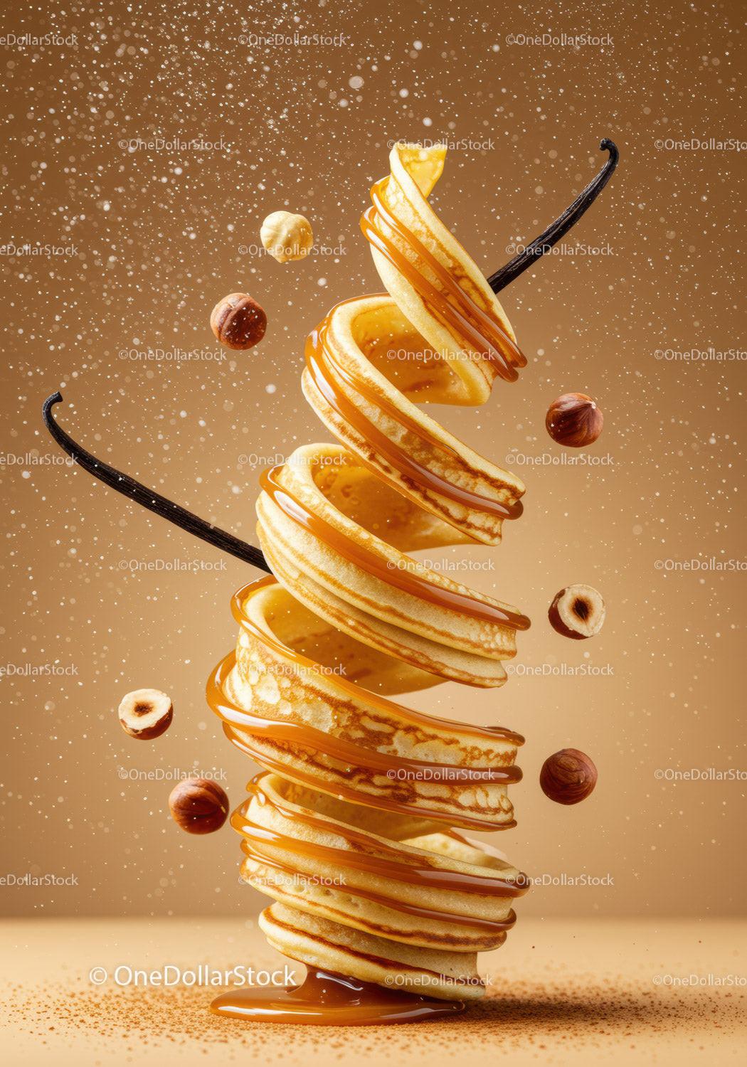 Swirling Pancake Stack with Caramel and Hazelnuts