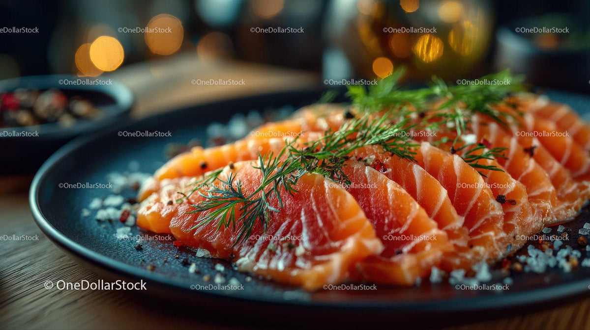 Fresh Sliced Smoked Salmon with Herbs and Sea Salt on Black Plate Stock Photo Bundle preview 5