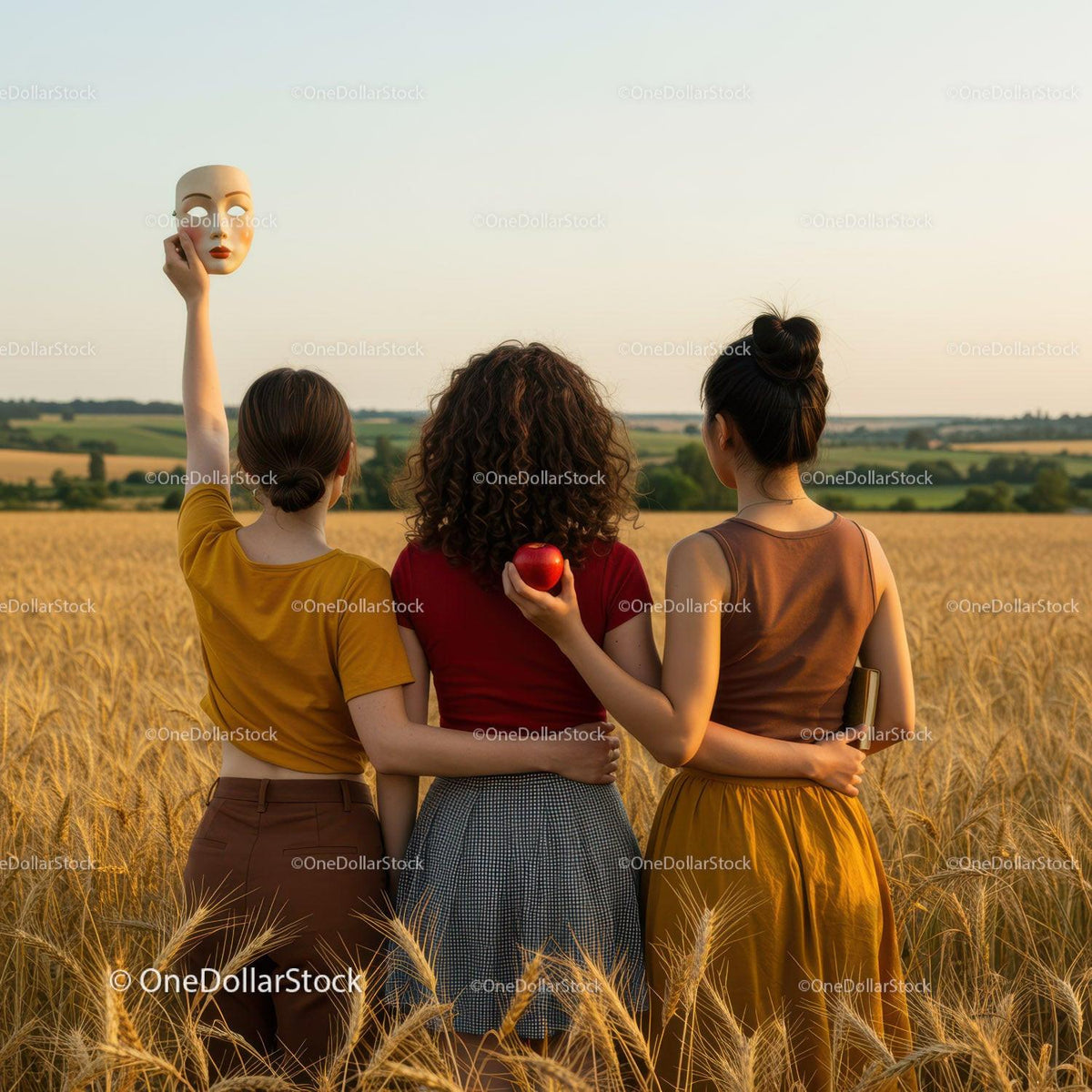 Women Holding Apple and Mask in Wheat Field During Summer Sunset
