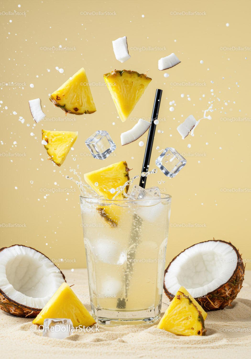 Refreshing tropical pineapple and coconut drink splash