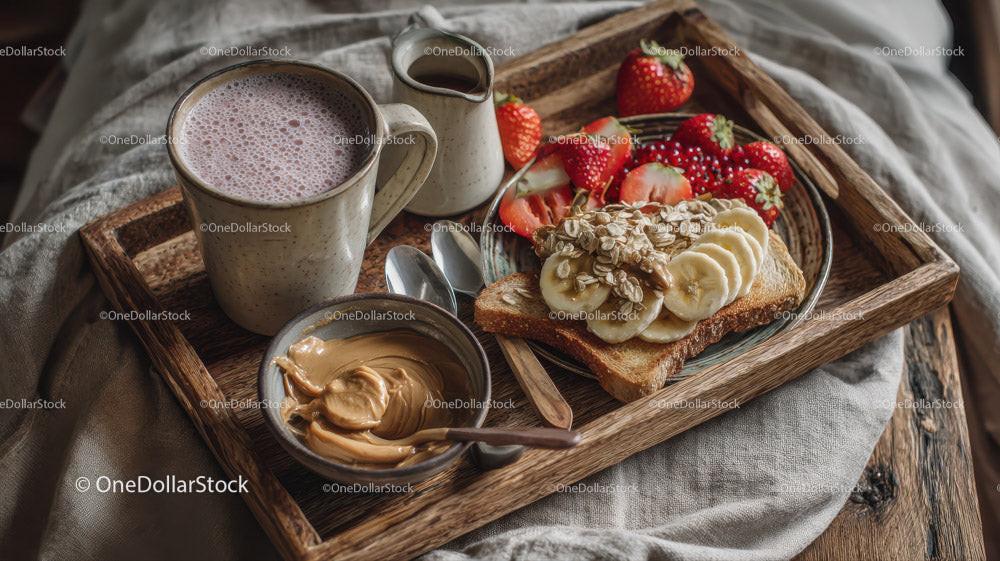 Nutritious Breakfast Tray with Toast Fresh Strawberries and Hot Chocolate Stock Photo Bundle preview