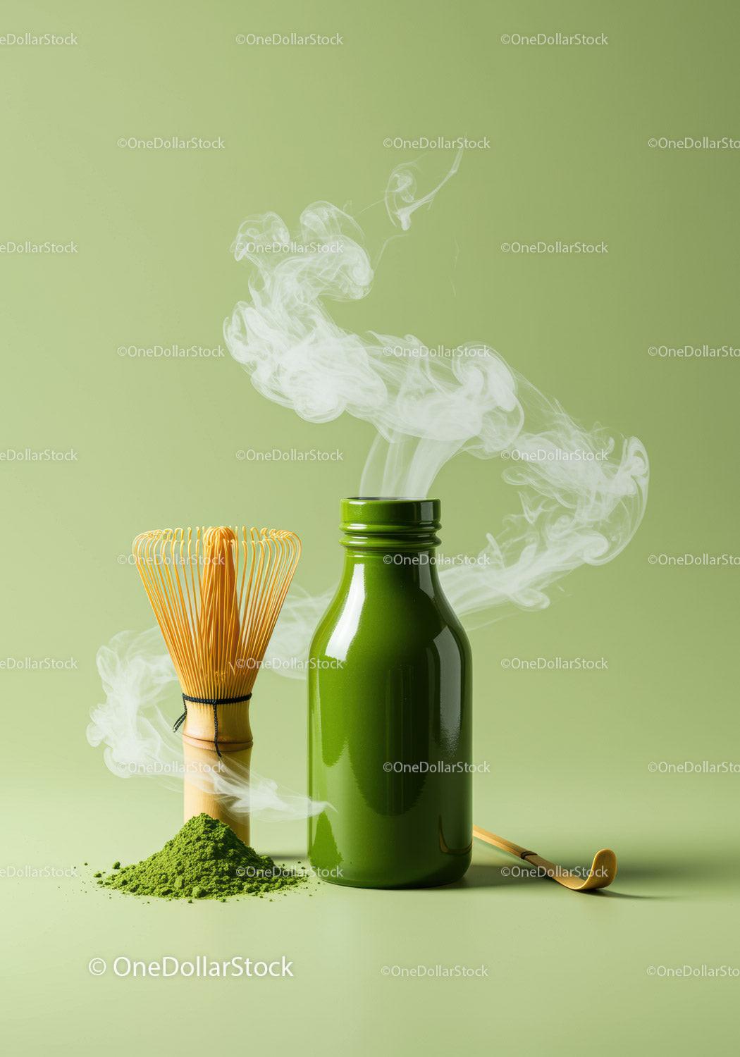 Matcha Tea Essentials with Vibrant Green Powder and Whisk
