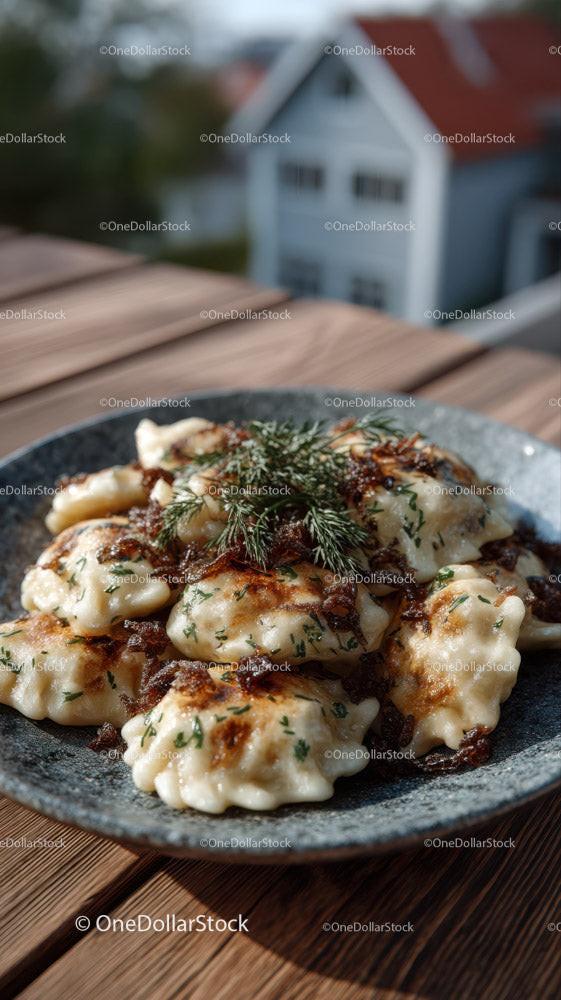 Dumplings with Bacon and Herbs Served in Rustic Bowl Stock Photo Bundle preview 7