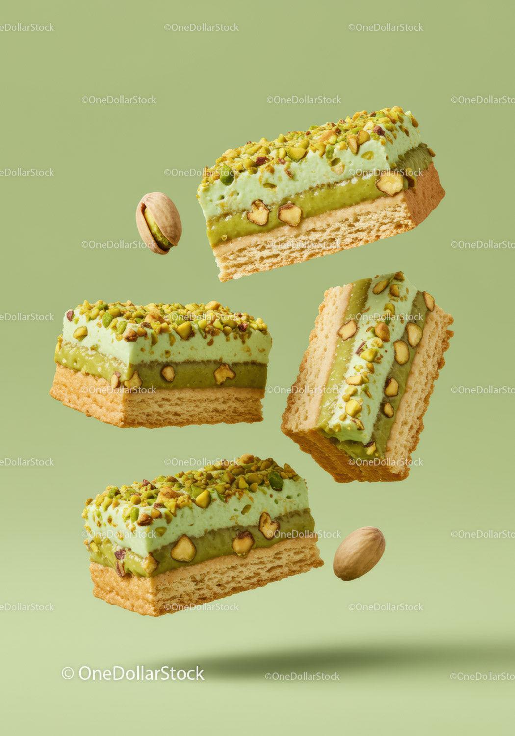 Pistachio layered dessert bars with crunchy nuts