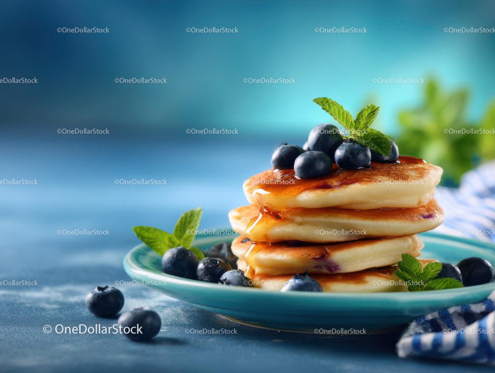Stack of Blueberry Pancakes with Mint and Syrup on Blue Plate