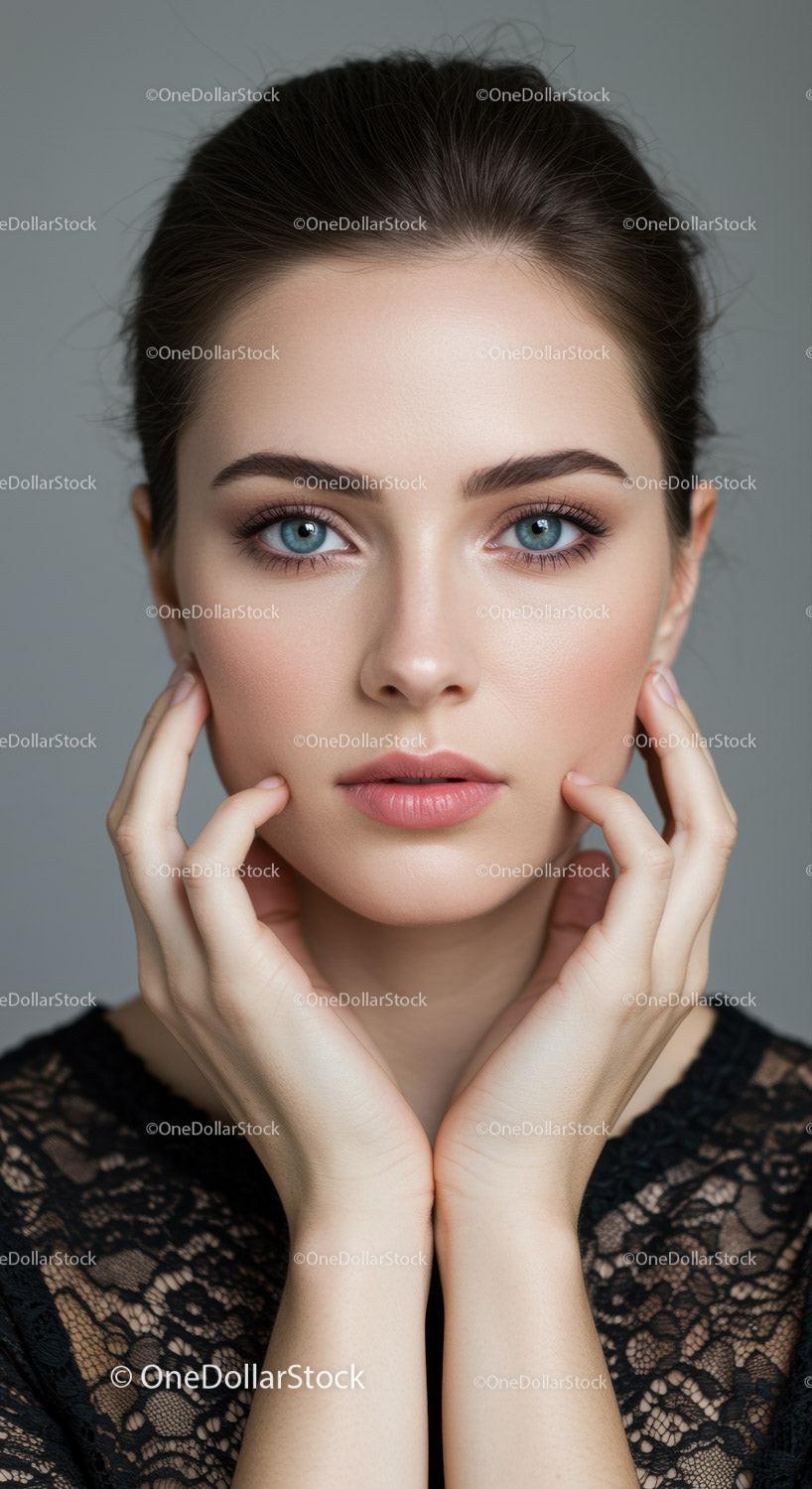 Elegant Portrait of a Young Woman with Blue Eyes and Lace Top