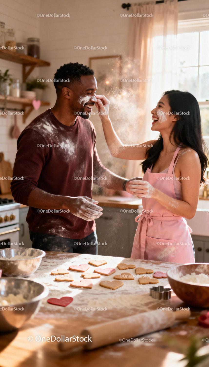 Couple Enjoying Playful Moment Baking Heart Shaped Cookies