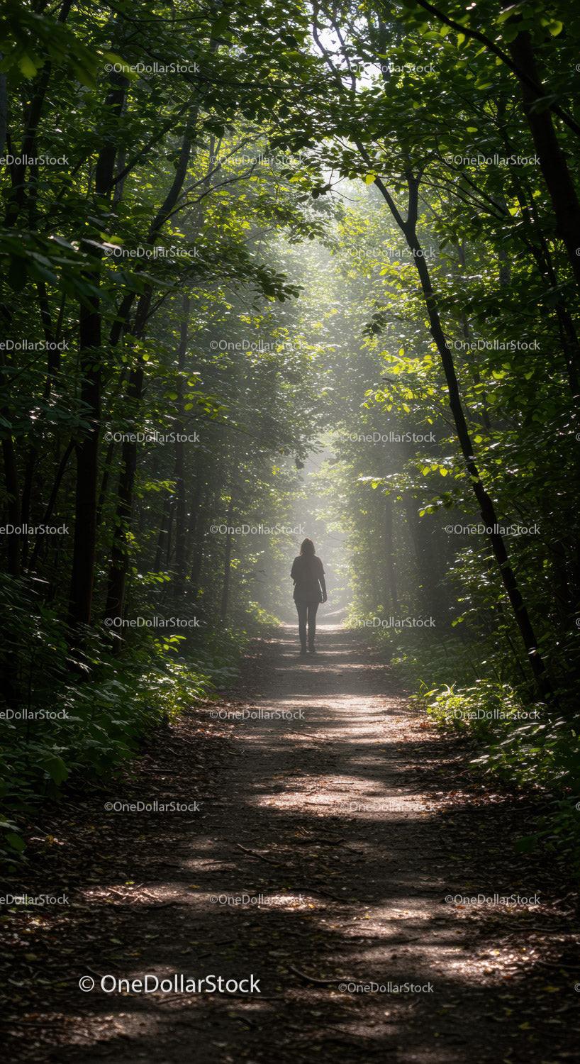 Solitary figure walking through sunlit forest path