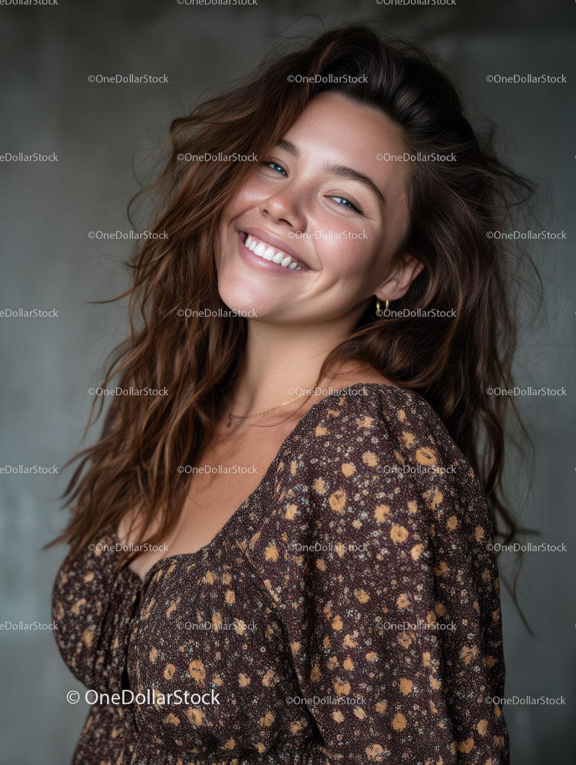 Portrait of a Smiling Woman With Long Wavy Hair and Bright Expression