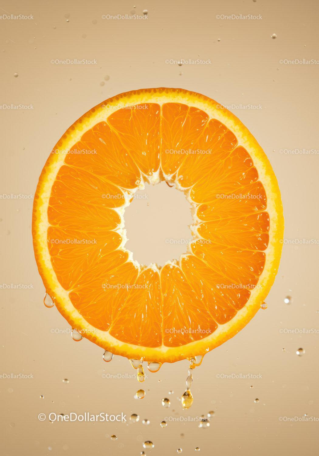 Fresh orange slice dripping juice in soft light