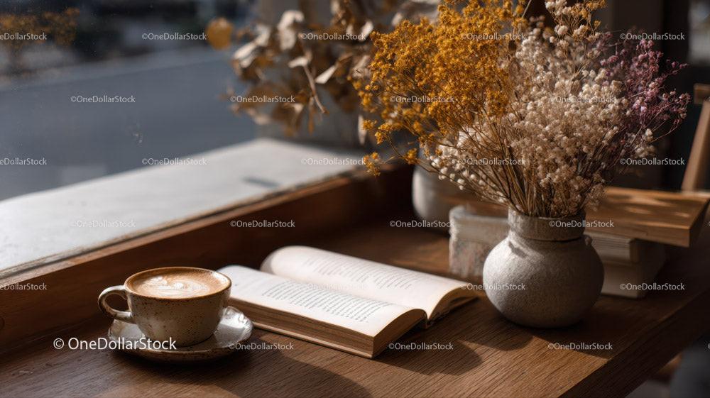 stock photo bundle made with Dried Flowers in Amber Jar with Coffee and Open Book Stock Photo Bundle