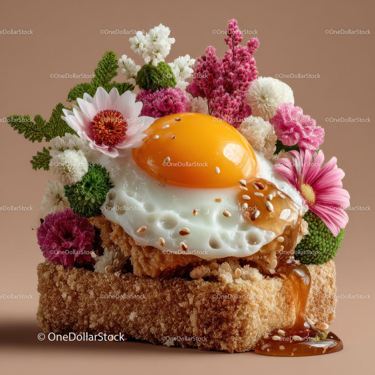 Beautiful Floral Arrangement with Fried Egg and Syrup on a Toast