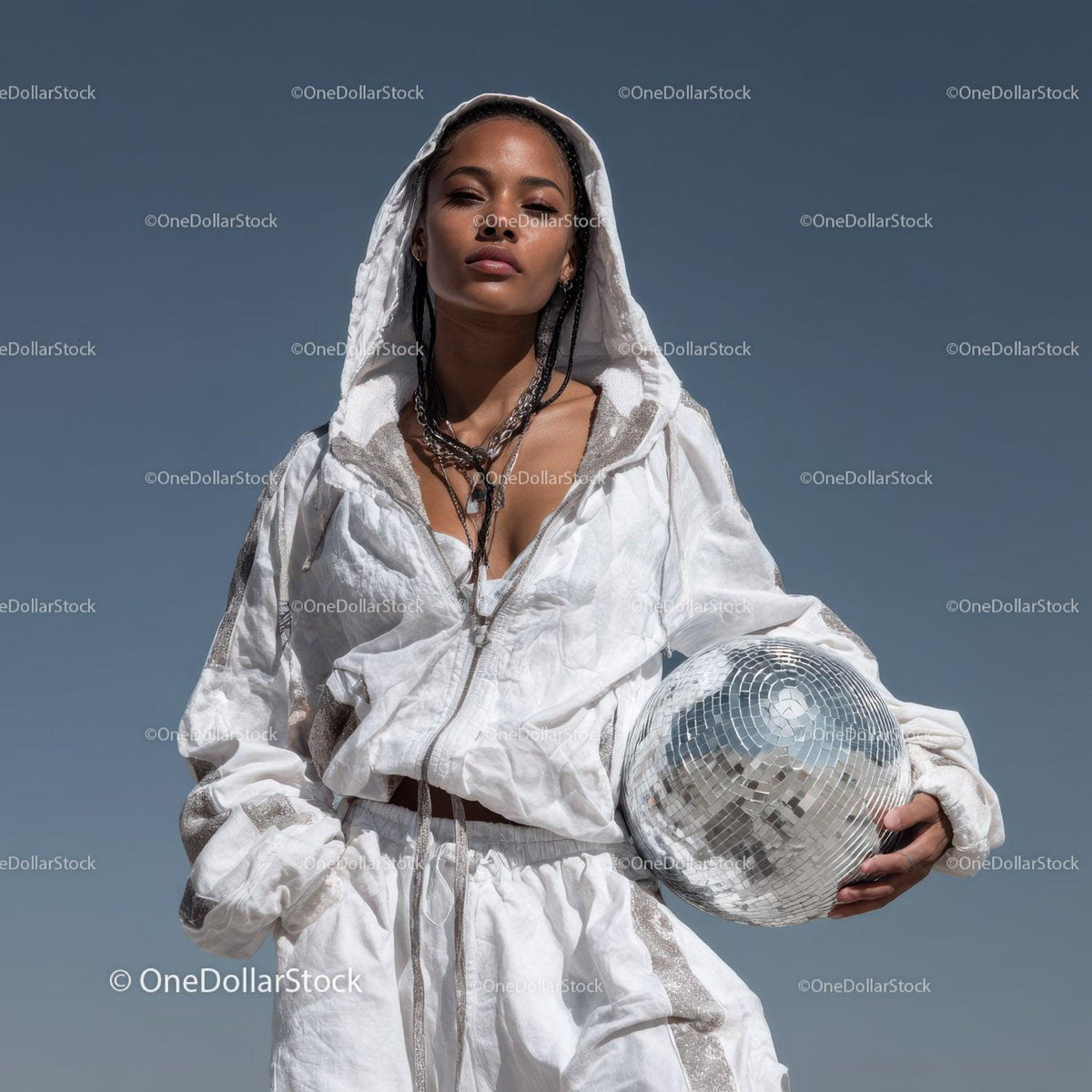 Stylish Woman in Metallic Outfit Holding Disco Ball for Modern Fashion Stock Photo Bundle preview 17