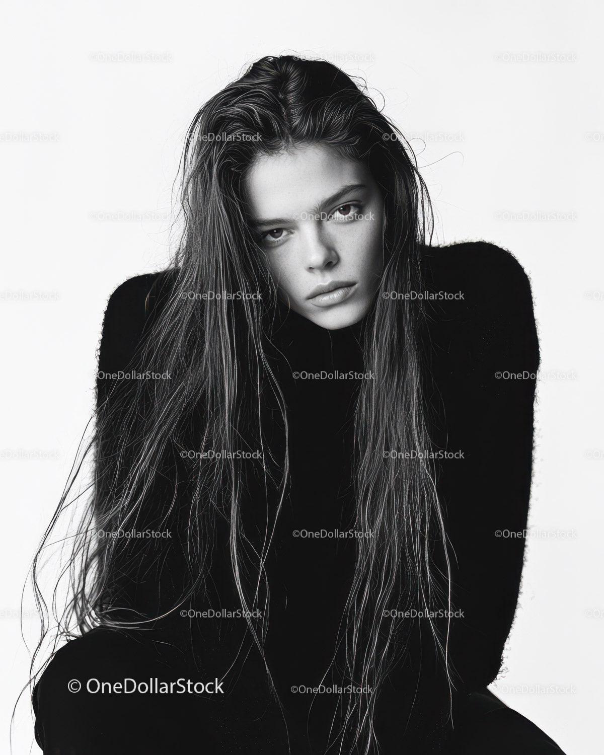 Black and White Portrait of Young Woman with Wet Hair in Studio
