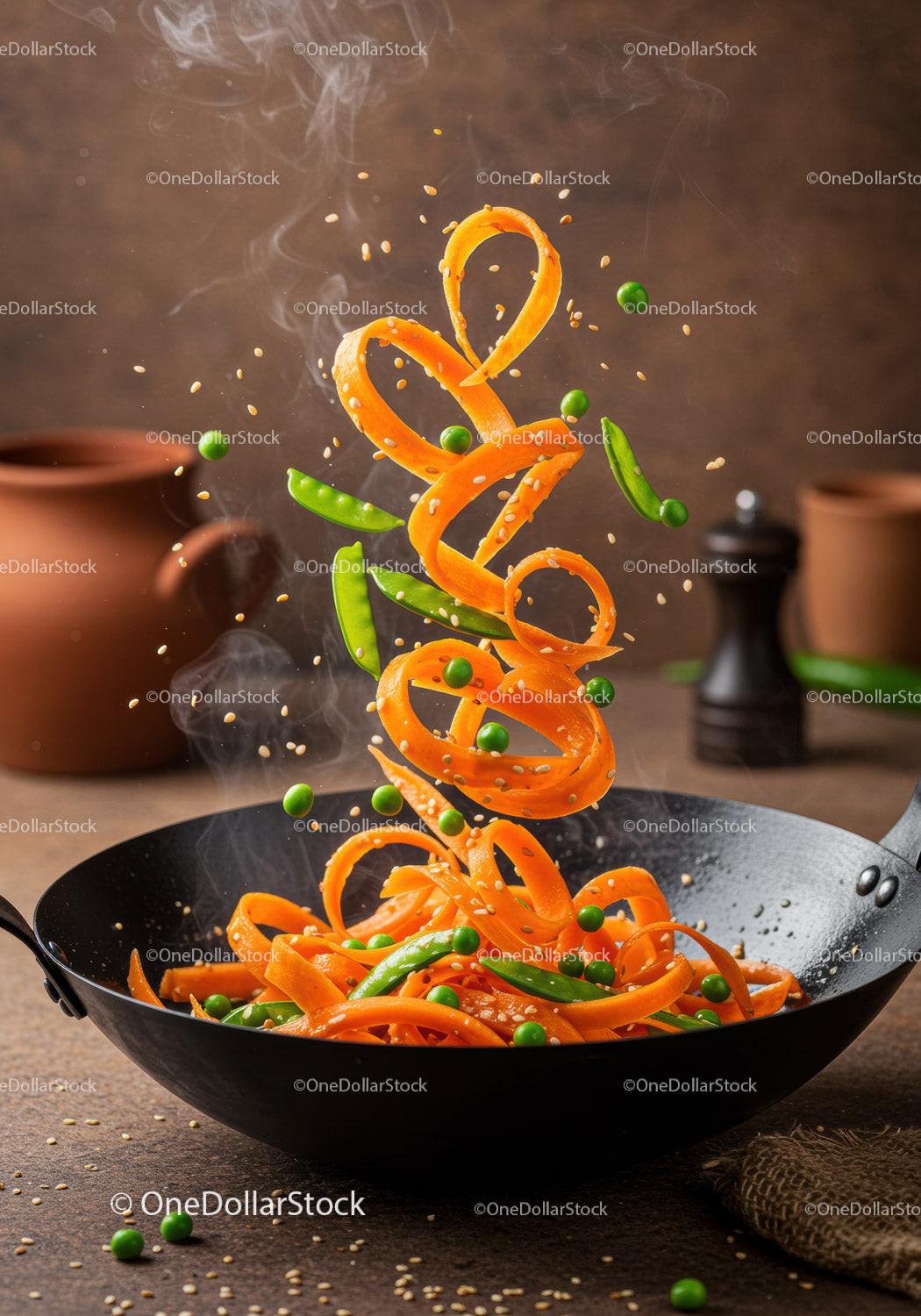 Stir Fry Carrot Spirals and Peas in Black Wok