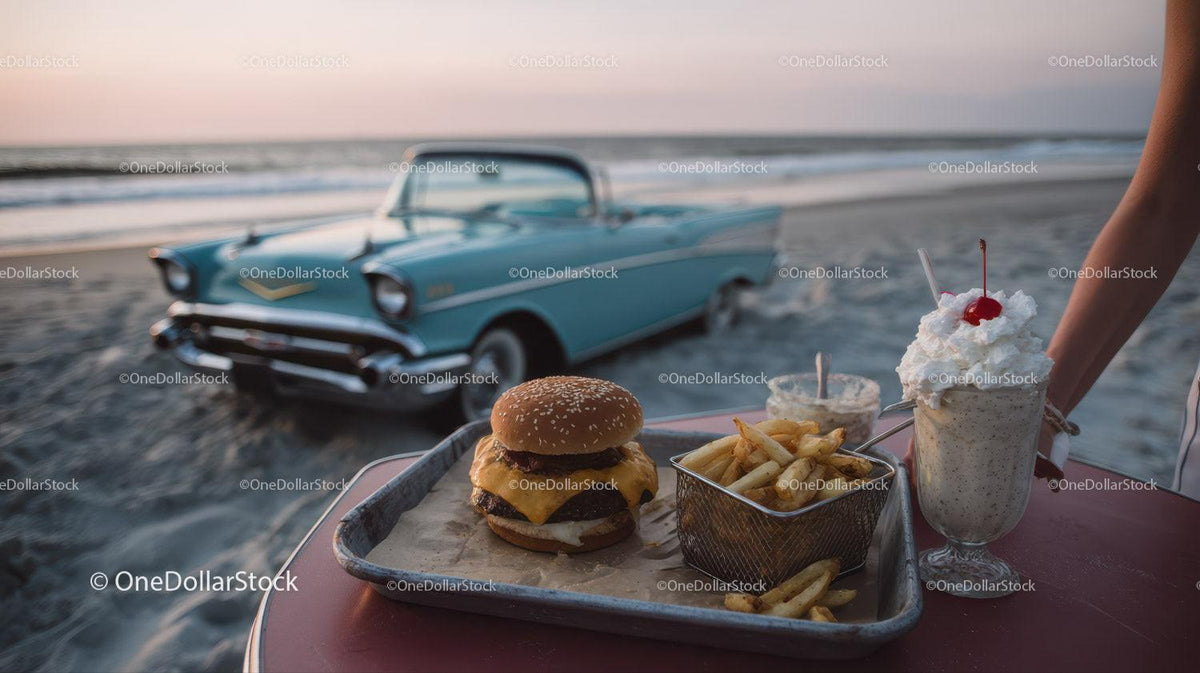 Beachside Cheeseburger French Fries and Milkshake with Classic Car Stock Photo Bundle preview 11