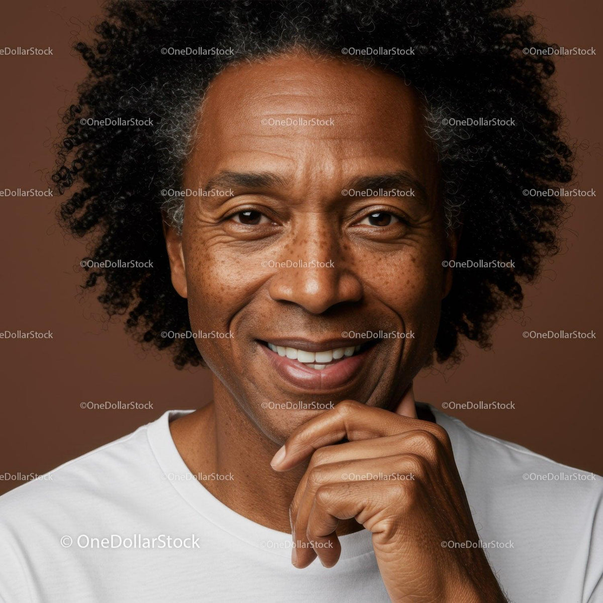 Confident Smiling Senior Man with Natural Hair On Brown Background