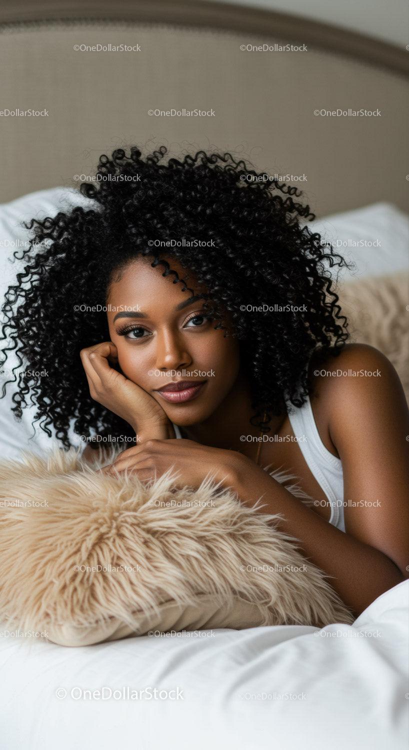 Relaxed woman lying on bed with curly hair and soft pillow