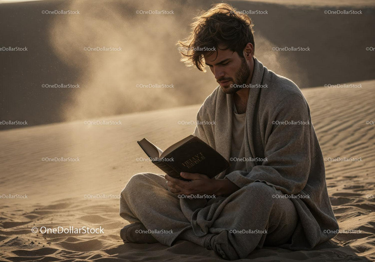 Man in Casual Clothing Reading Book in Desert During Dust Storm Stock Photo Bundle preview 25
