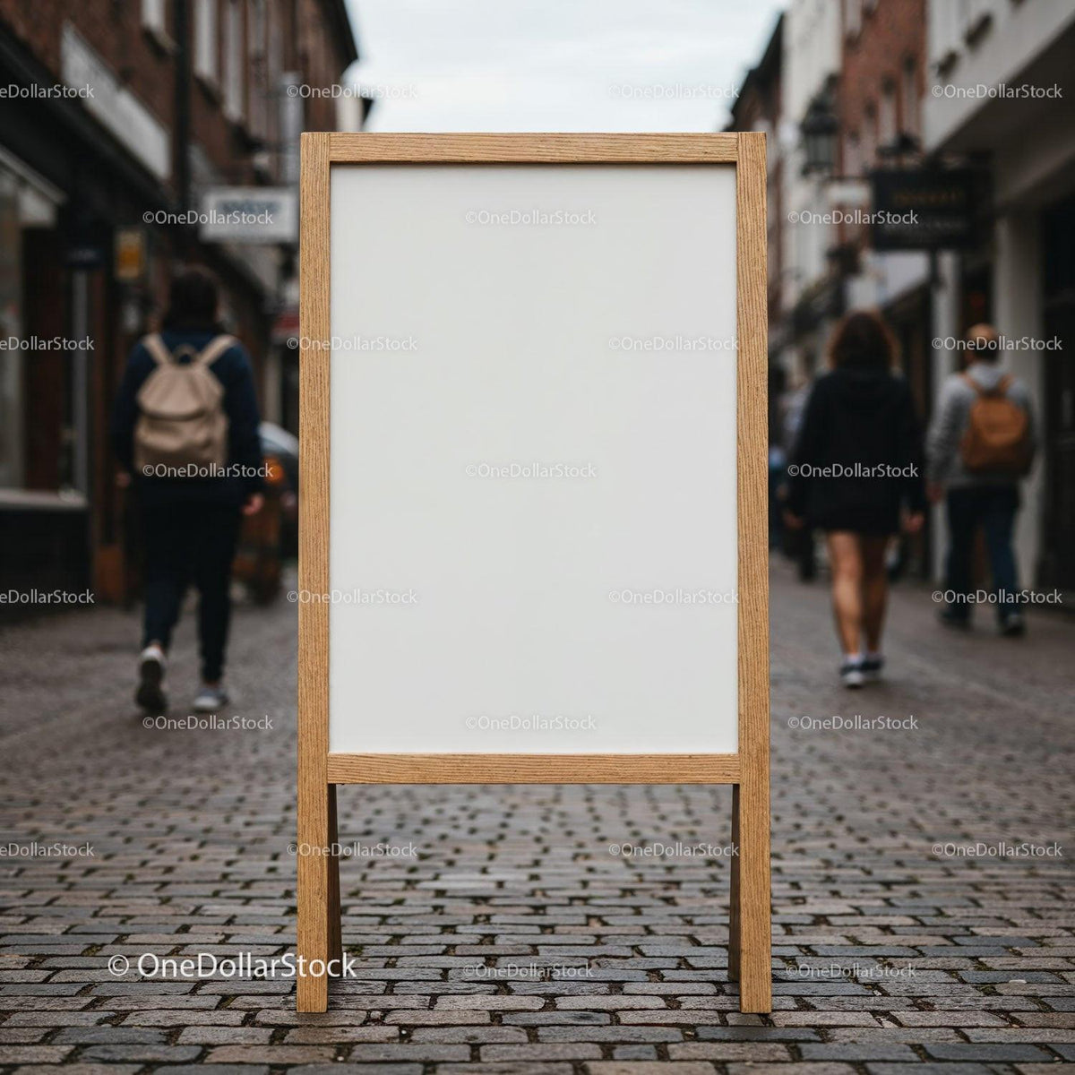 Blank wooden sandwich board on urban street pavement JPG Mockup Image preview