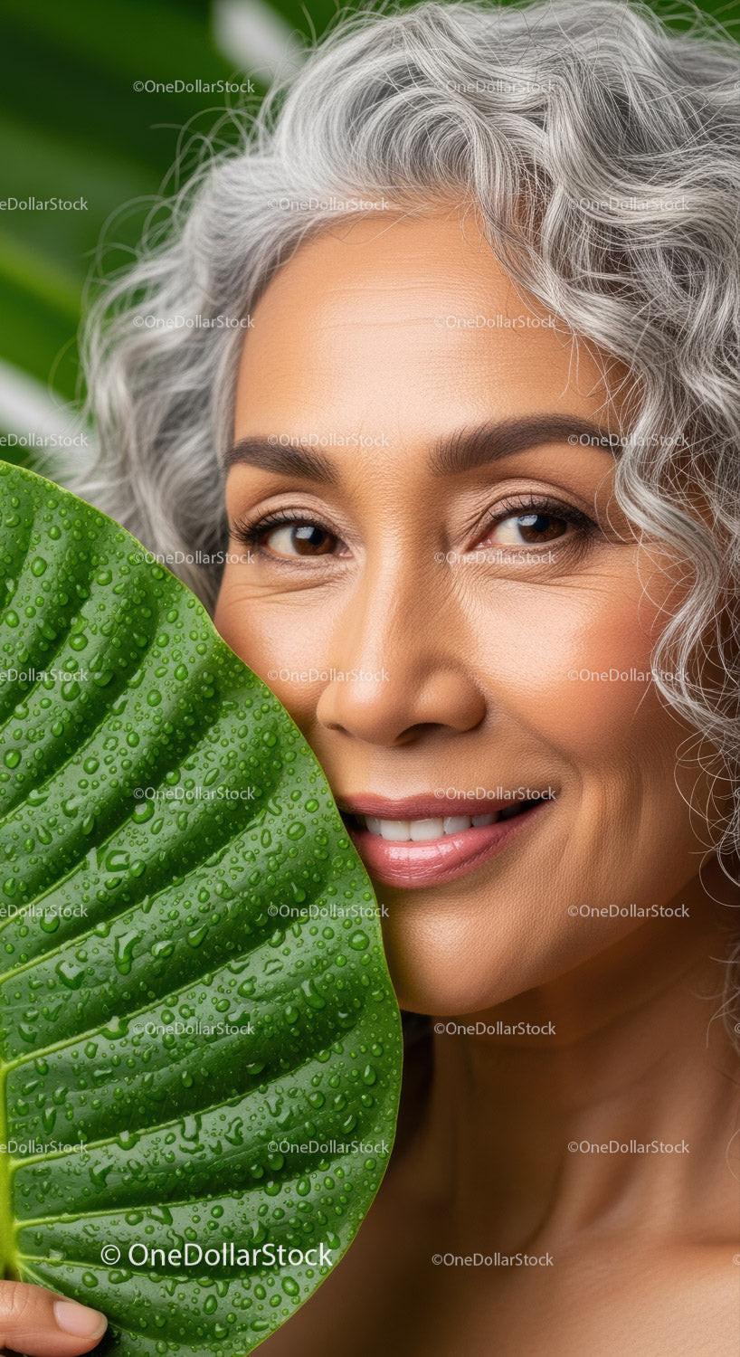 Senior Woman with Curly Gray Hair and Green Leaf in Natural Setting