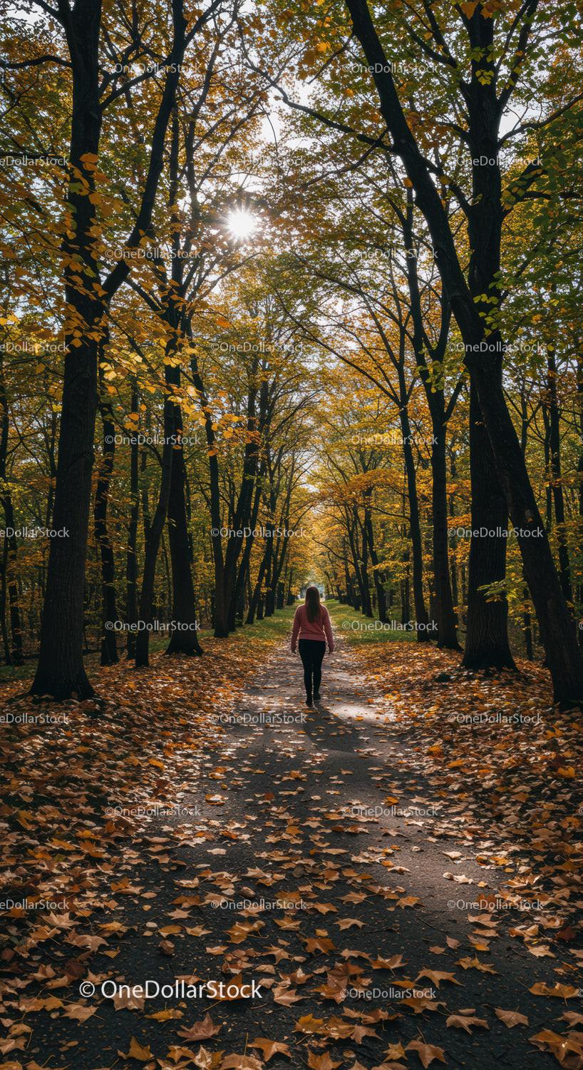 Woman walking alone on autumn forest path