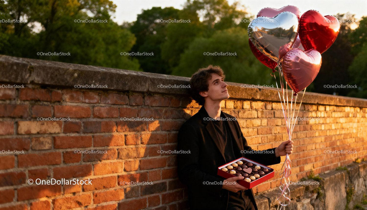 Young man with heart balloons and chocolates outdoors
