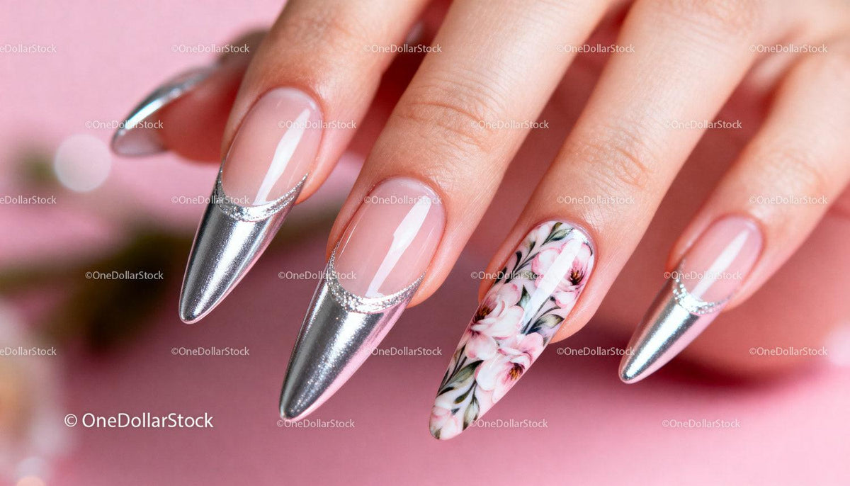 Elegant Silver Nails with Floral Accent Design
