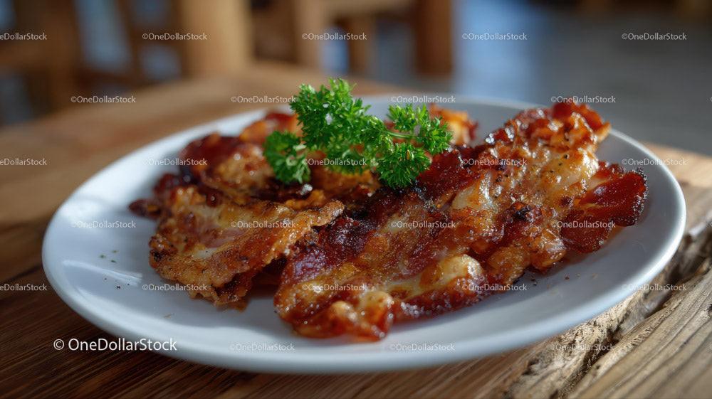 Crispy Bacon Strips on White Plate with Rustic Table Background