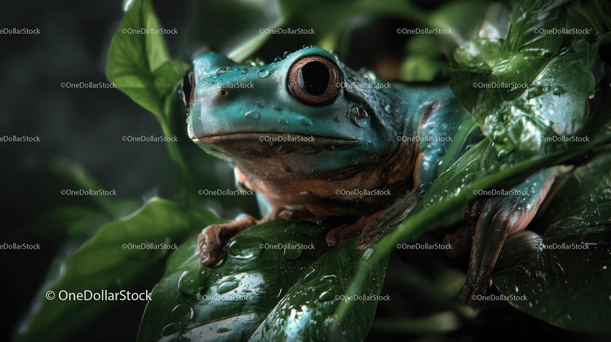 Close-Up of a Vibrant Green Frog Surrounded by Tropical Jungle Foliage