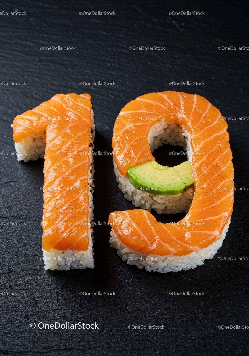 Creative Number Nineteen Made from Salmon Sushi Rolls