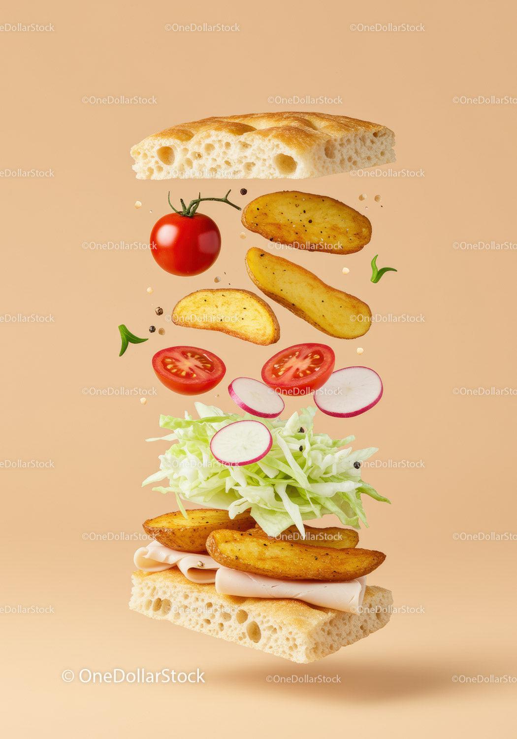 Deconstructed sandwich ingredients floating on beige background