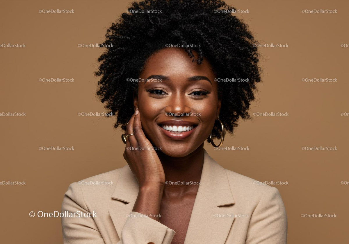 Confident Smiling Woman with Natural Hair in Beige Blazer