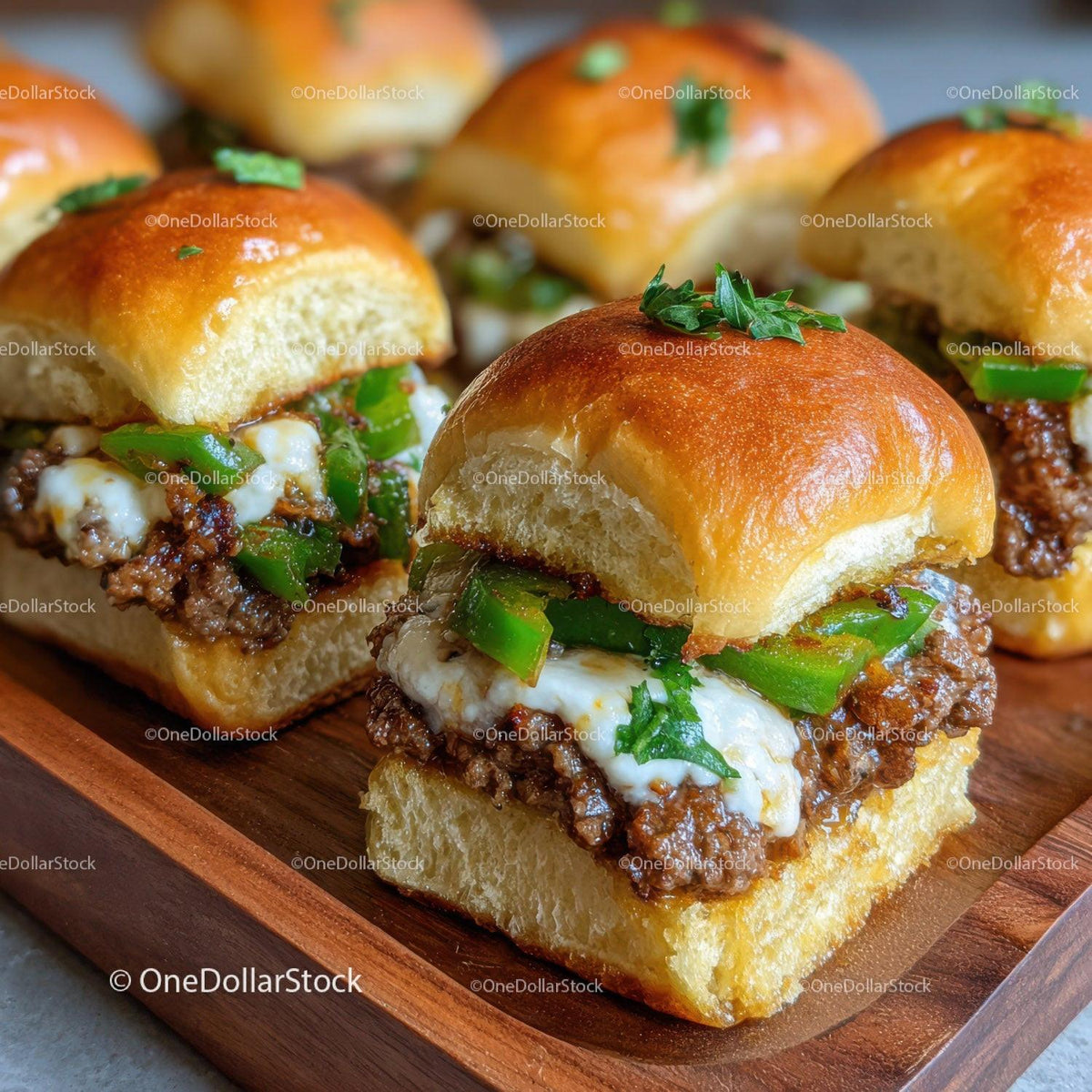 Juicy Beef Sliders with Cheese and Green Peppers on Wooden Platter