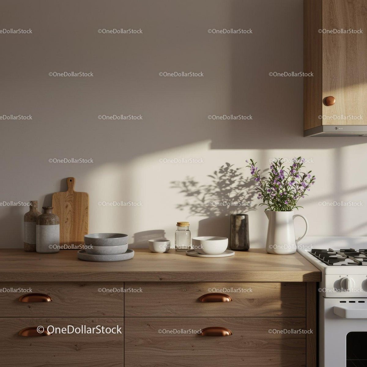 Cozy Modern Kitchen with Wooden Countertop and Floral Decor