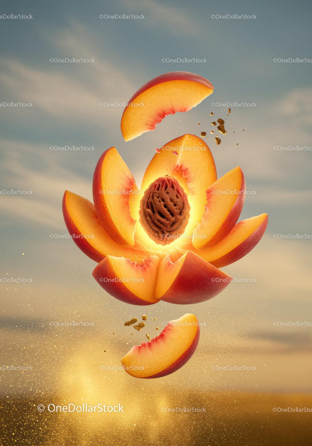 Exploded peach with glowing pit against soft sky