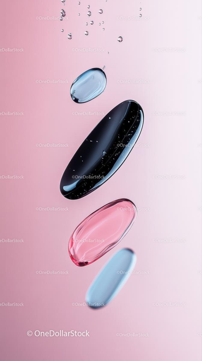 Close-up of Floating Pills with Water Droplets in Soft Pink Background