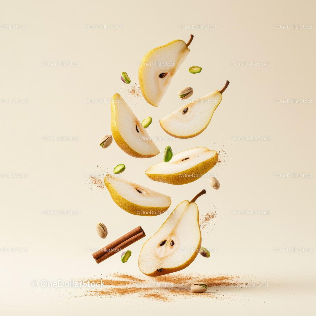 Fresh Pear Slices and Spices Floating on Light Background