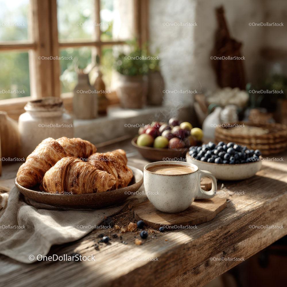 Rustic Breakfast with Croissants Coffee and Fresh Fruit Stock Photo Bundle preview 28
