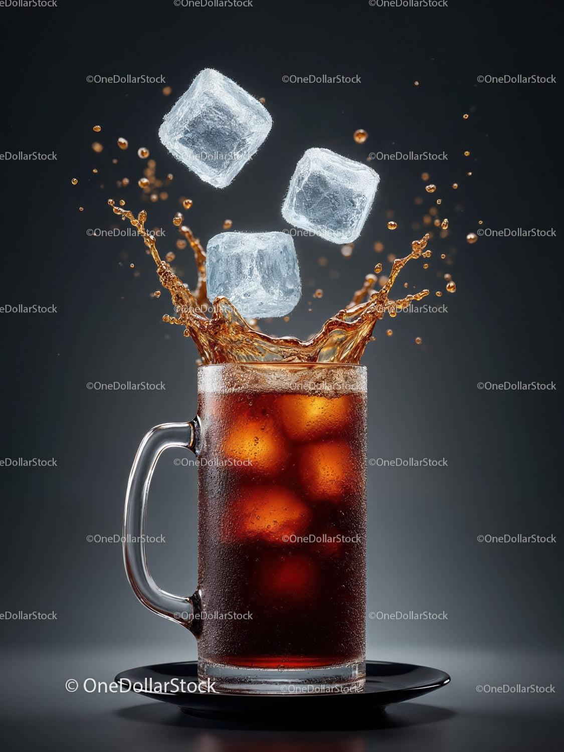 Refreshing Cola Splash with Ice Cubes in Glass Mug