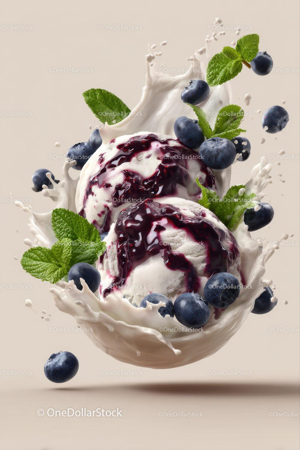 Blueberry Ice Cream with Mint Leaves and Berry Sauce on Splashing Milk