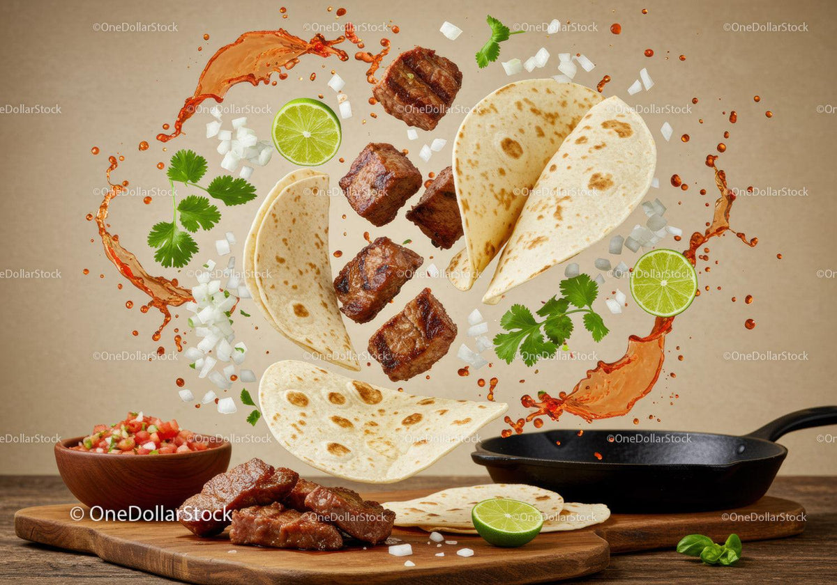 Fresh grilled beef tacos with lime and salsa splash