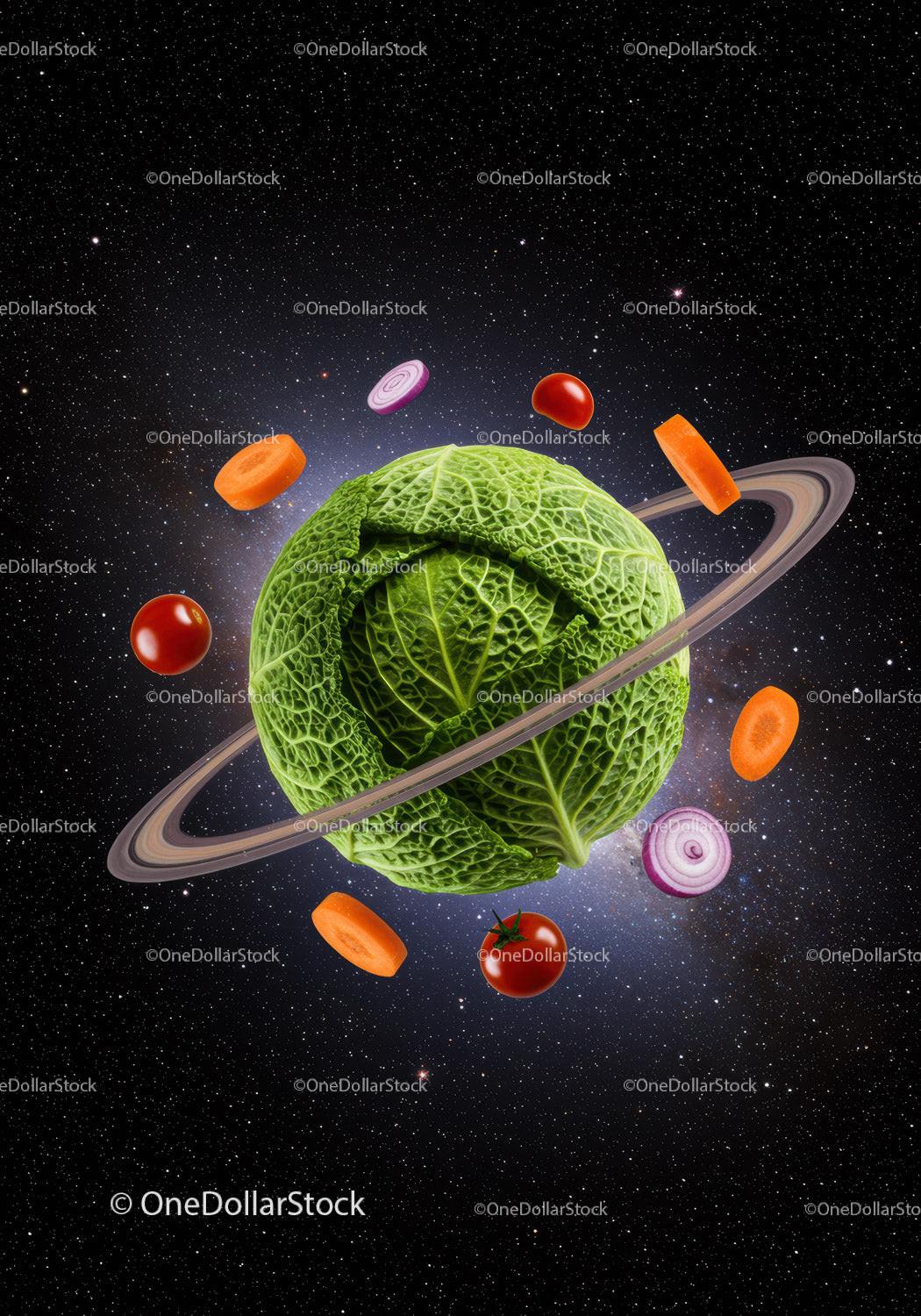 Cabbage Planet with Floating Vegetables in Space
